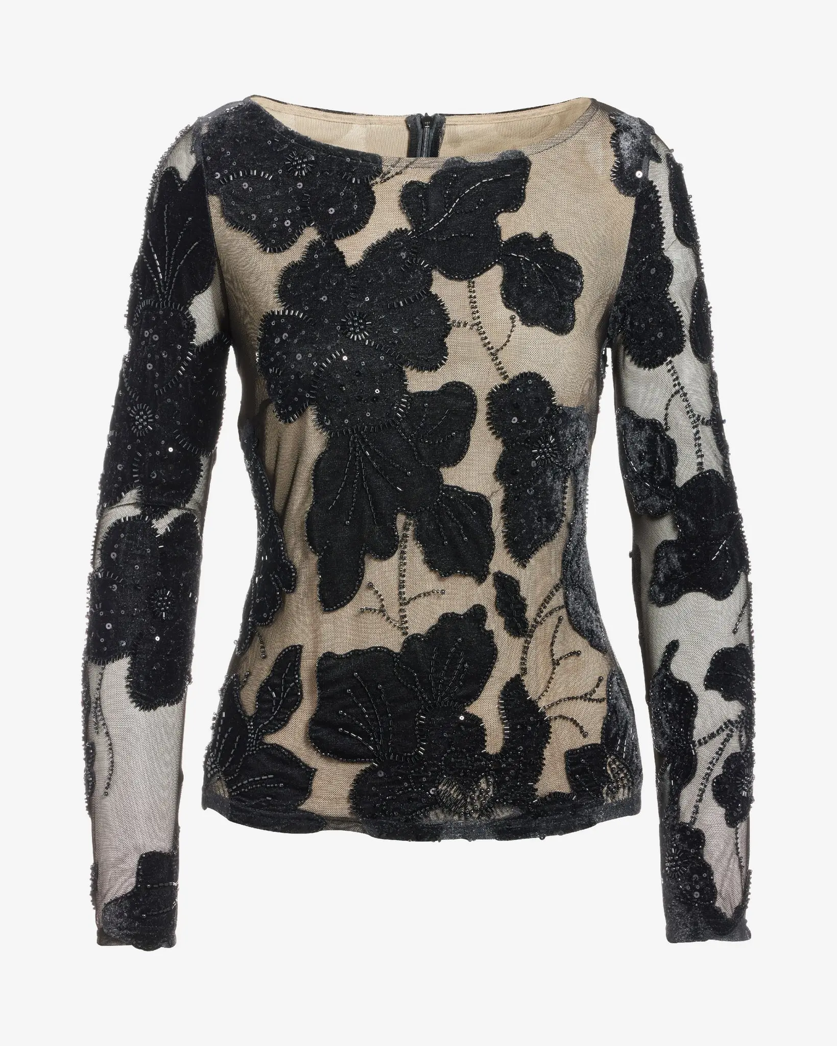 Flower Applique Mesh Long Sleeve Knit Top Proper Black - TikTok Shop