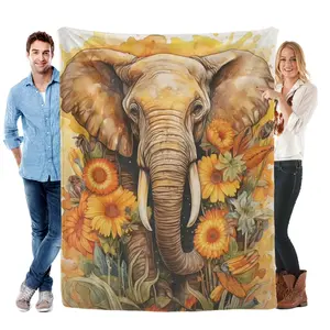 Sunflower & Elephant Pattern Blanket, Soft Throw Blanket, Air-conditioned Room Blanket, Warm Nap Blanket for Home Office Travel Camping
