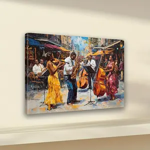 Framed Jazz Band Canvas Painting, Wooden Frame Music Performance Decoration, Modern Art Design Vibrant Artwork of Two Female Musicians, Suitable for Home, Office, Room or Kitchen, Applicable for Various Occasions