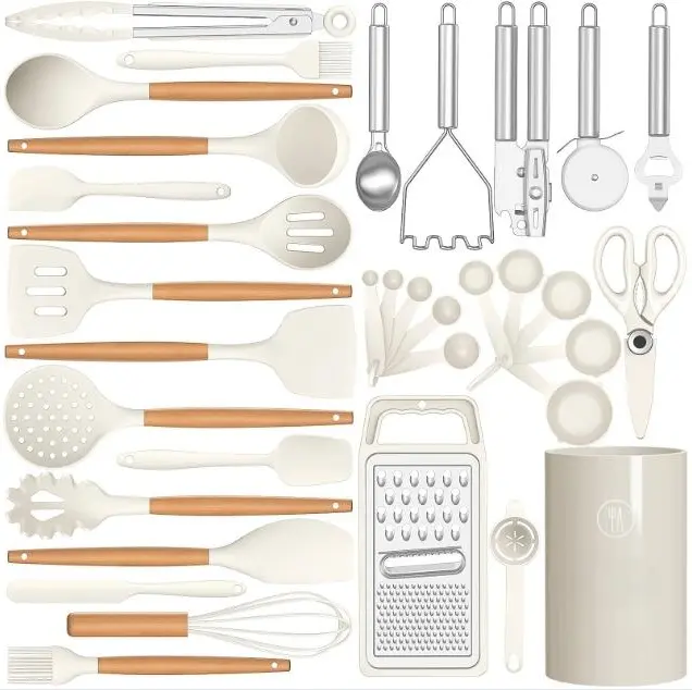 All-in-One Silicone Cooking Utensils Set – 35 Heat-Resistant Pieces for Every Kitchen Need (Cream White)