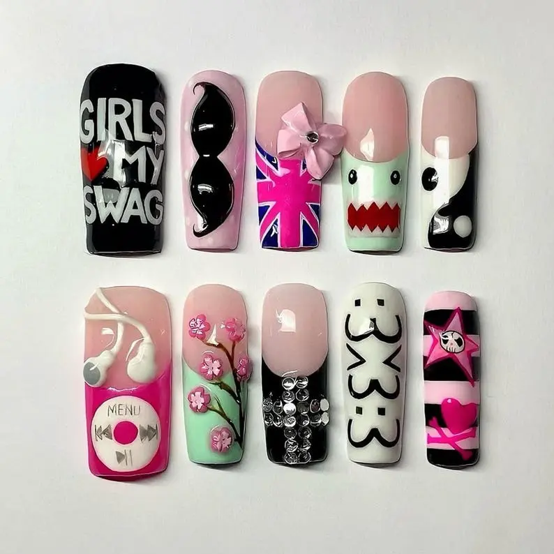 Y2K Graphic Press On Nails Pink Black Cute Cartoon Long Square False Nails Retro Pop Art Rhinestone Nail Set for Women