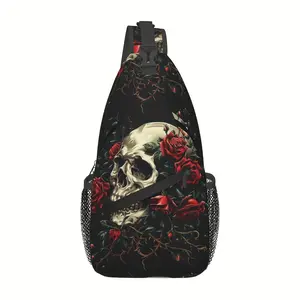 Crossbody Chest Hiking  Skull And Red Roses Shoulder Folding Large Capacity Fashion Durable Can Be Used For Shopping, Work,  Beach Fishing  Halloween   For School Back Christmas Gifts travel backpack
