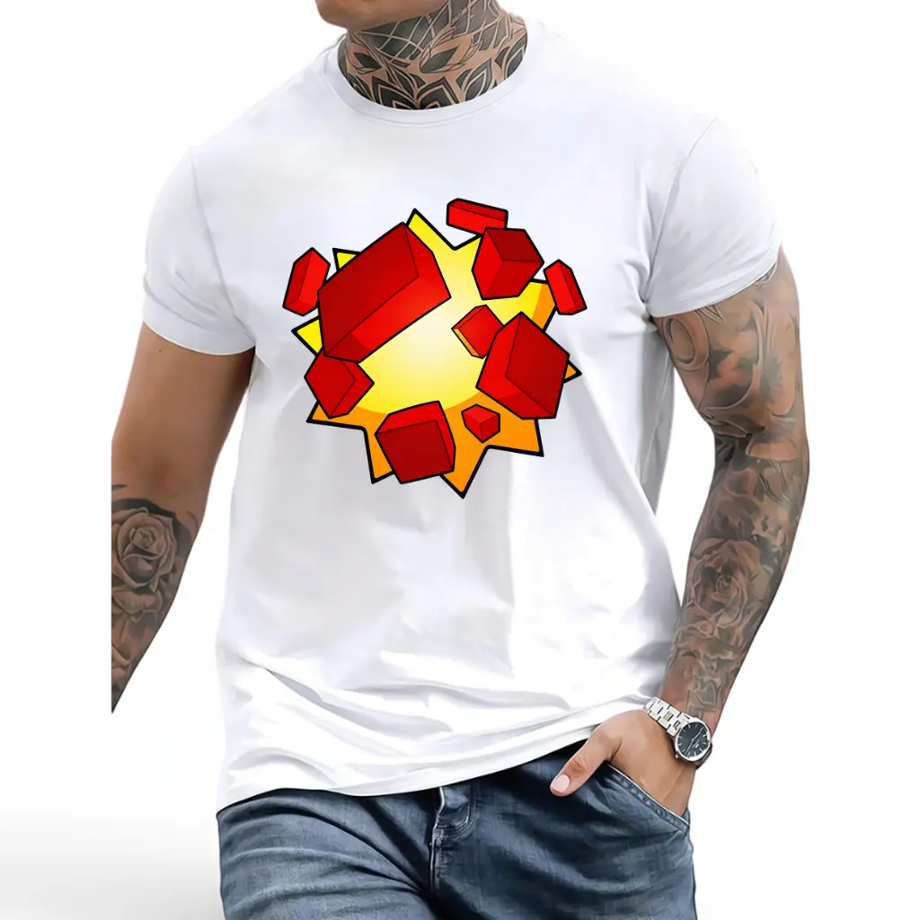 Oversized Crew Neck Short Sleeve T Shirt Featuring Cartoon Burst Star Explosion Graphic With Shattered Red Cube Pixel Redstone Blocks Unisex Soft Cotton Casual Sandbox Video Game Lover Basic Daily Top