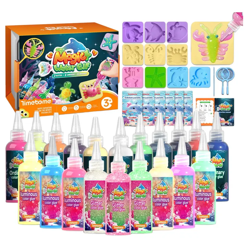 Timetome DIY Squishy Kit for Kids Ages 3+, Magic Water Elf Squishy Maker Set with 20 Color Gels & 10 Molds, Glow-in-the-Dark & Glitter Gel Toys, Sensory Arts and Crafts Activity for Creative Play