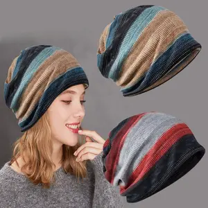 Christmas Gift 2PCS Unisex Color Striped Hat & Scarf Set Soft Polyester Cozy Slouchy Beanie Cap Breathable for Daily Wear Outdoor Use