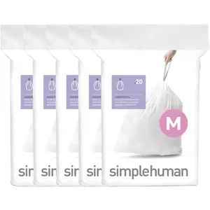 simplehuman Code M 100 Count, Genuine Custom Fit Liners, Drawstring Trash Bags in Dispenser Packs, 45 Liter / 11.9 Gallon, White