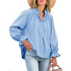 Imily Bela Womens Puff Long Sleeve Button Down Shirts Pleated V Neck Cotton Blouses Loose Fit Casual Ruffle Tops