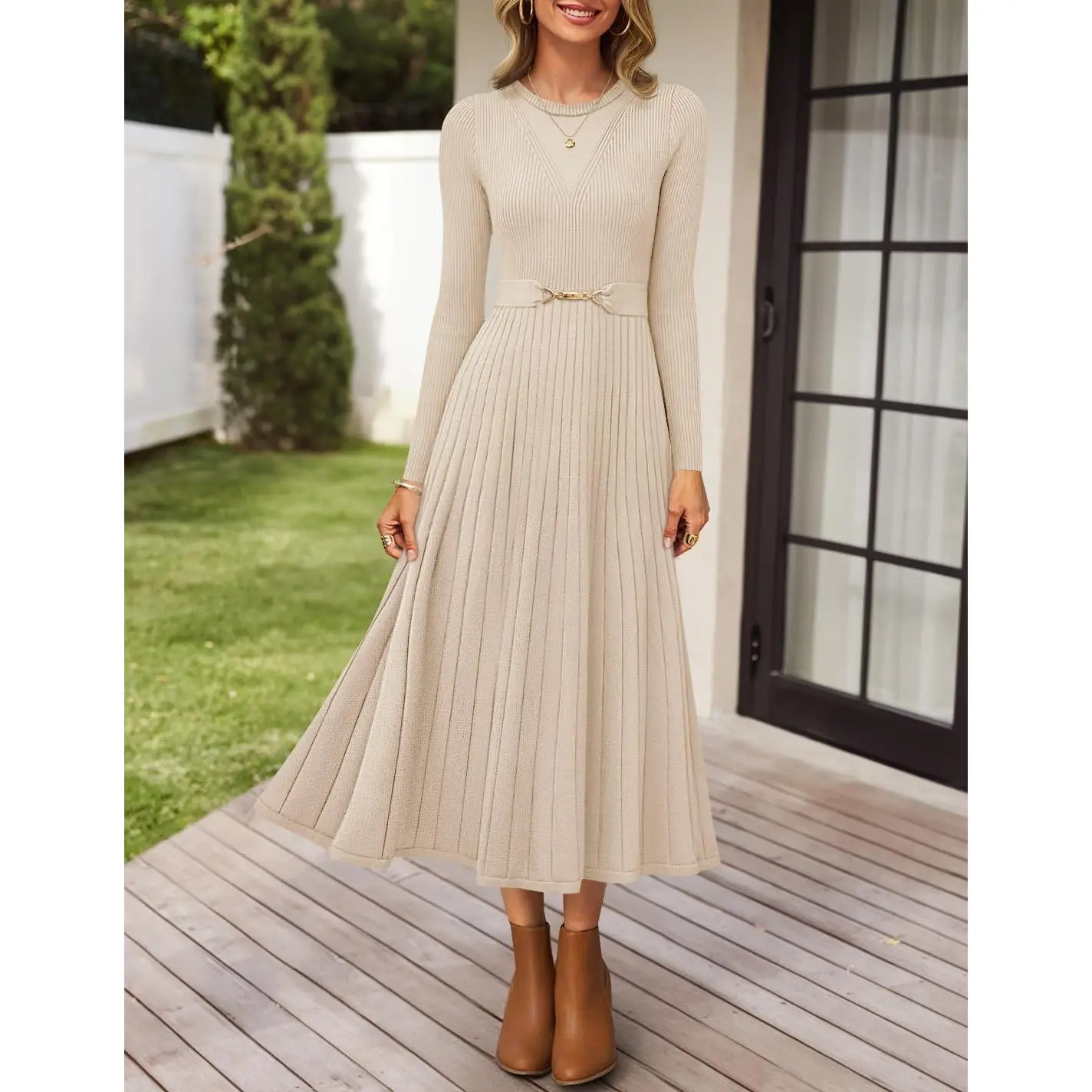 ZESICA Women's Long Sleeve Midi Sweater Dress 2026 Fall Crewneck Knit A Line  Pleated Flowy Long Dresses with Belt - TikTok Shop