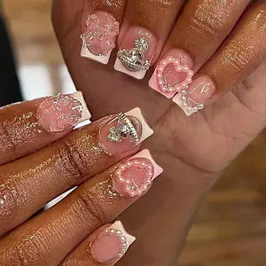 24pcs Short Square Glossy Fake Nails, Transparent Butterfly Design, Long Nail Length, Includes Jelly Glue & File, Perfect for Women & Girls, Glittering Fake Nails