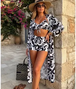 Briza｜Women's Black and White Abstract Bikini Set with Swim Shorts High Waisted Ruched Two Piece Swimsuit Cover Up for Vacation Beach Resort Summer Swimwear Bathing Suit Set 2 Piece, Women's Swimwear, Bathing Suit for Women, Two Piece Bathing Suit