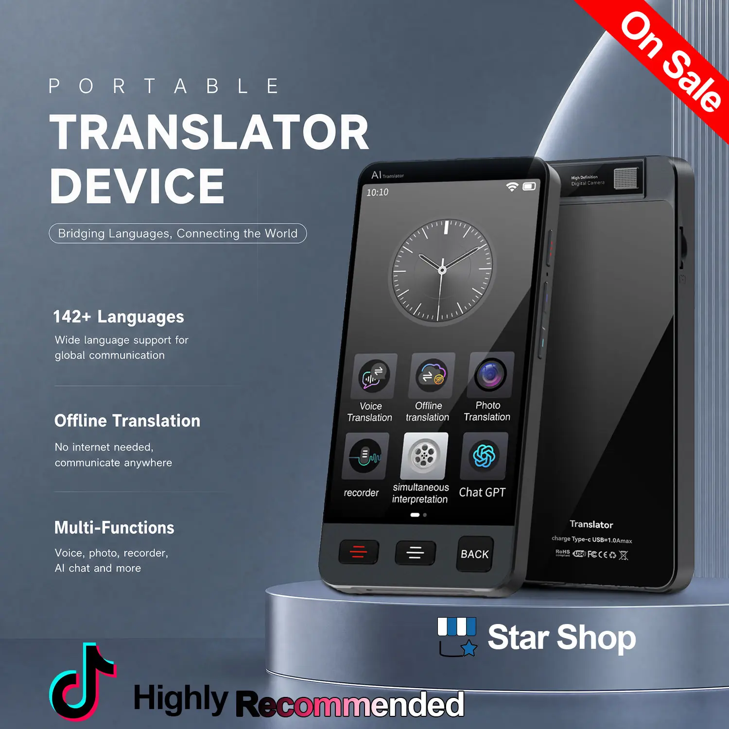 [TryTalk] AI 2-Way Language Translator Device - Slim Touchscreen E-Dictionary with Memory, ChatGPT App, 142 Languages (19 Offline), Real-Time Voice/Photo Translation for Business Travel Adults (Phones & Electronics, Education Devices)