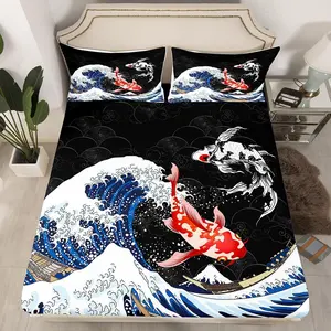 Japanese Ukiyoe Fish Fitted Sheet,Ocean Surfing Koi Luxury Bedding Set,Japanese-Style Exotic Koi Animal Bed Sheet Set,Exotic Style Bed Cover