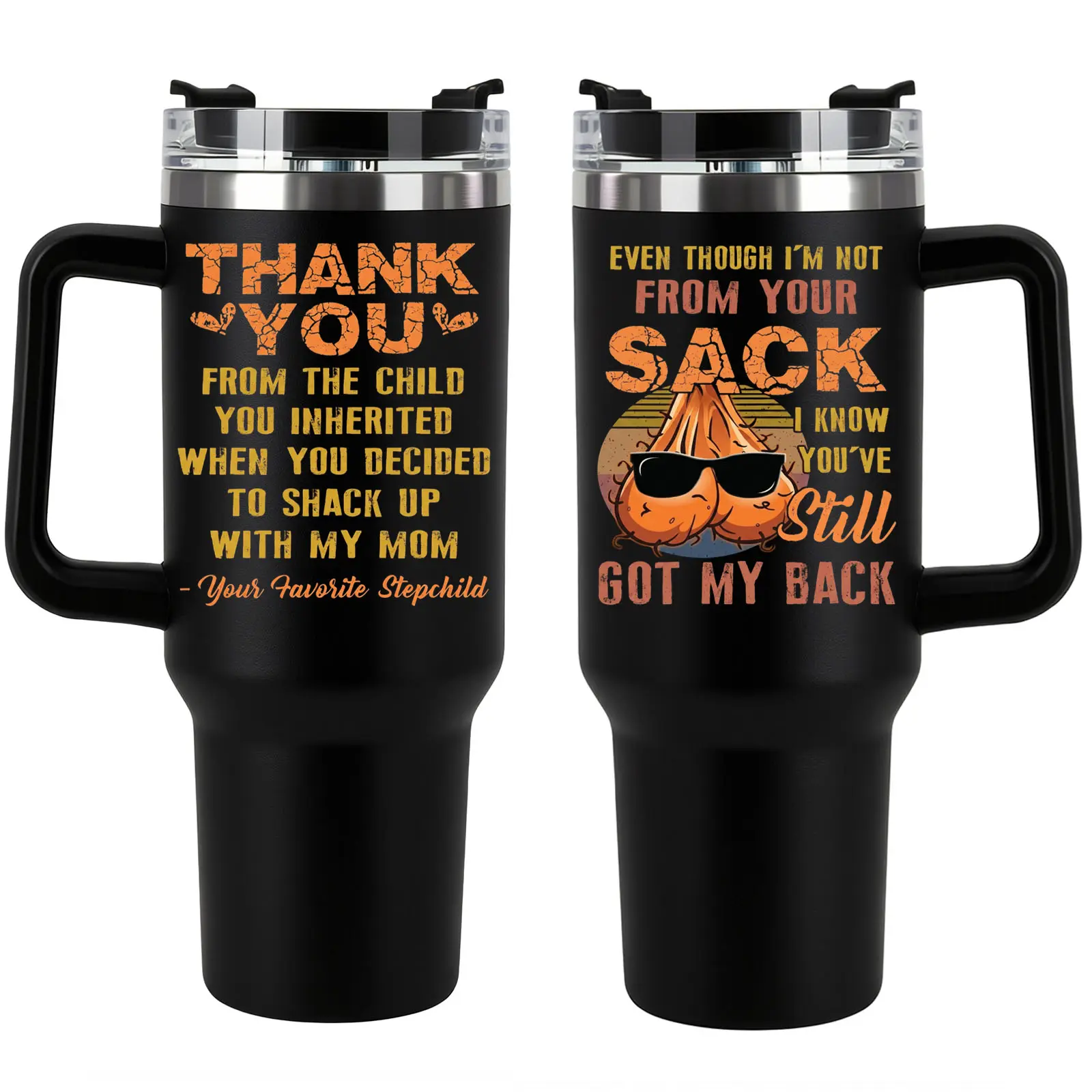40oz Large Double Wall Stainless Steel Insulated Vacuum Flask Tumbler - 1000-2000ml, Tapered Bottom, Portable Industrial Mug, Lightweight Reusable, Handle, Straw, Funny Stepdad Quote, Watercolour Stripes, Father's Day Gift