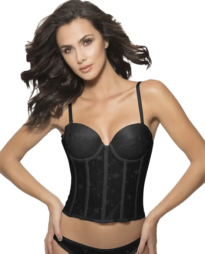 Dominique Alana Embroidered Lace Longline Strapless Bra #7777 - Low Back Bridal Corset Top with Detachable Straps & Garters - Full Coverage, Smoothing Bustier - Black