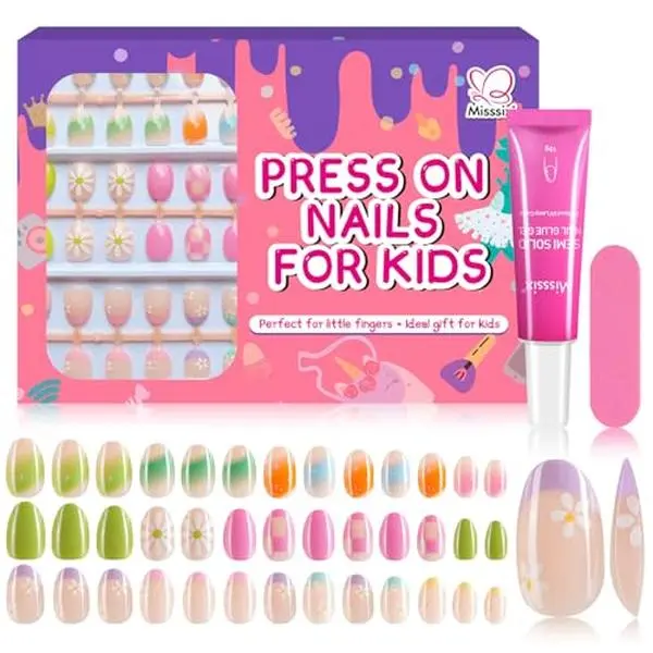Misssix 78 Pcs Press on Nails for Kids, 3 Pack Kid Fake Nail Kit Cute Press on Nails, Stick On Nails Stuff for Girls 8-12 Years with Nail Glue, Colorful Flower