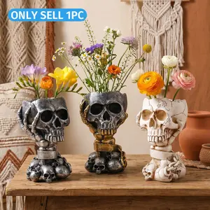 Modern Creative Resin Skull Flower Pot, Gold Vintage Style Garden Decor, Handheld Design for Courtyard and Garden
