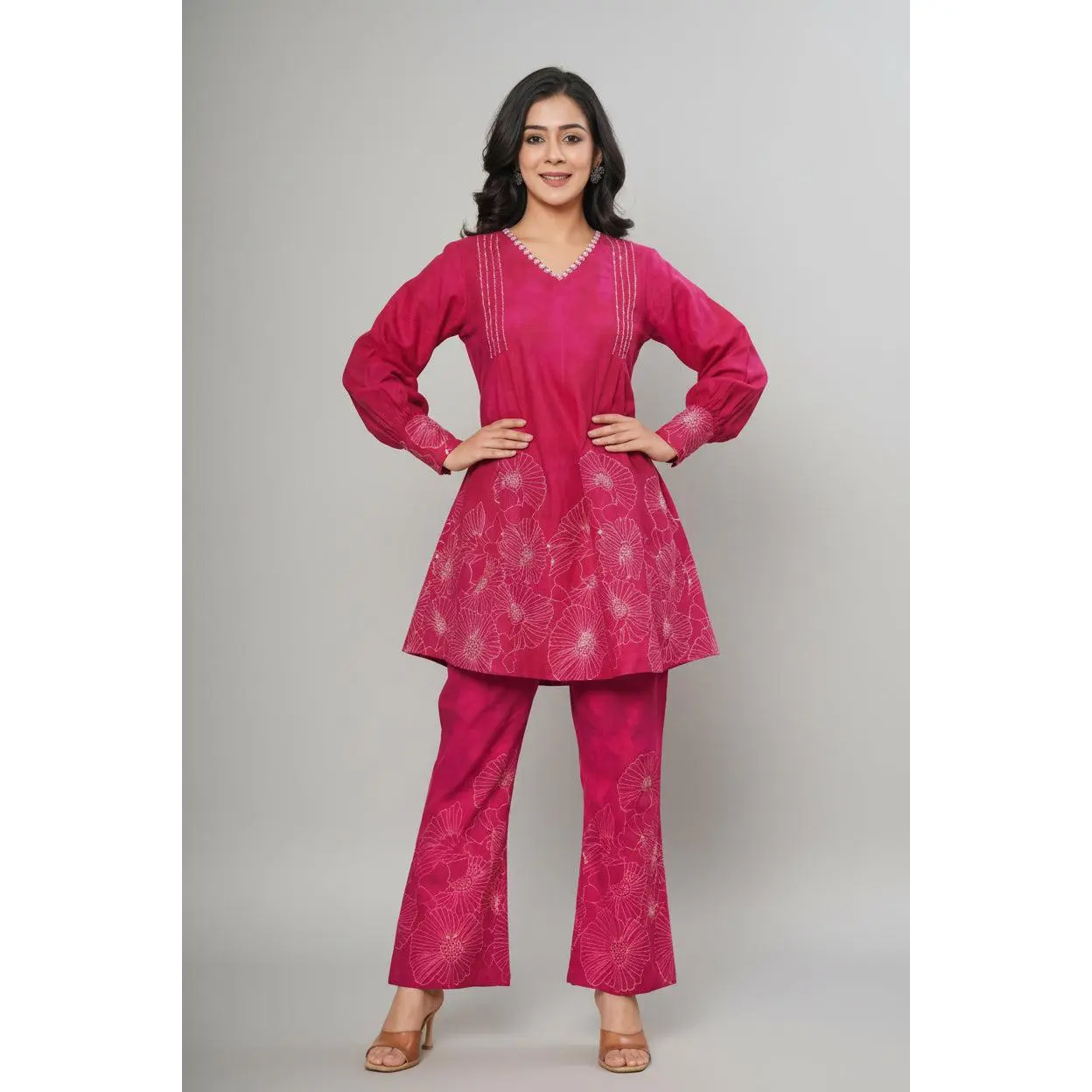 Women's Magenta Pink Cotton Floral Coord Set - V-Neck Embroidered Kurti, Matching Bottom, Party Outfit