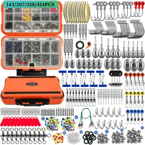 143/207/318/414pcs Fishing Gear Kit, Fishing Tackle, Includes Hooks, Clips, Connectors, Sinkers, Swivels, Saltwater & Freshwater Compatible, with Rod Case
