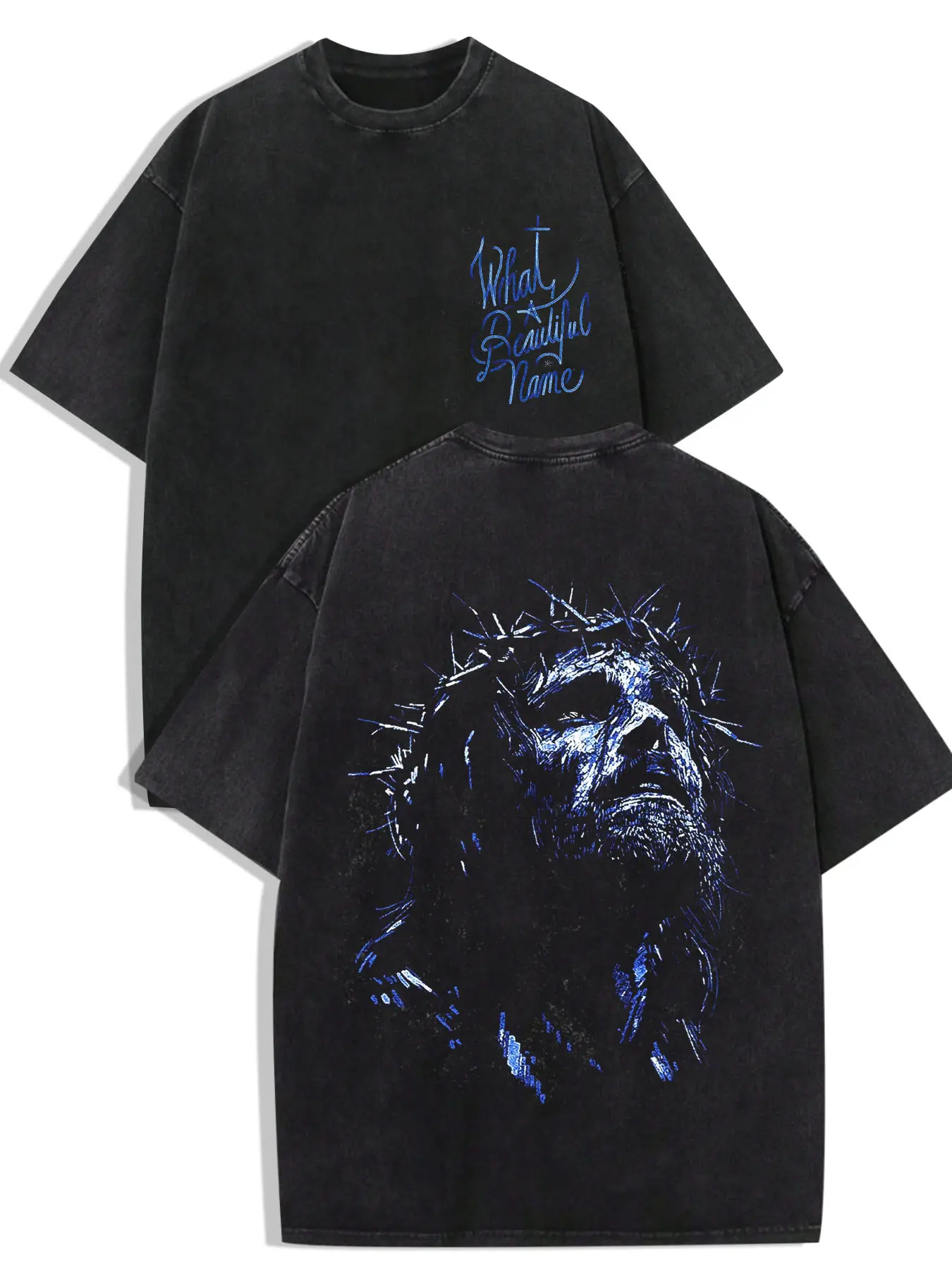 1 PCS What A Beautiful Name Script Logo Chest Print & Blue Crown of Thorns Jesus Portrait Distressed Back Graphic, Christian Retro Grunge Streetwear Tee, Soft Breathable Unisex Top For Religious Believers Casual Outfit