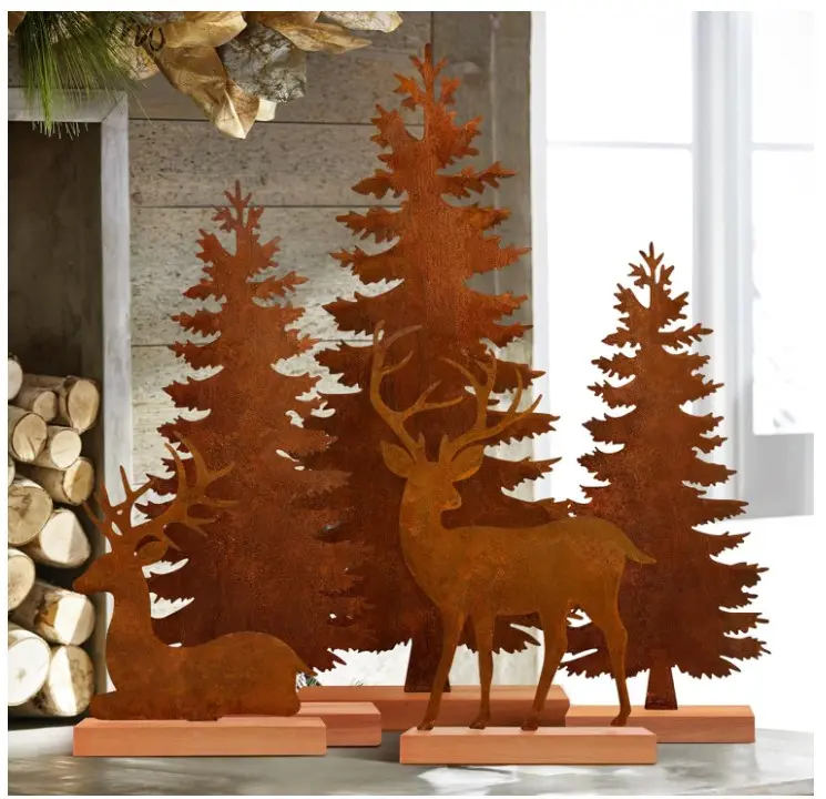 Set of 5 Metal Christmas Pine Tree and Elk Tabletop Decor, Rusty Steel Vintage Evergreen Tree Table Centerpieces - Farmhouse Xmas Holiday Decoration for Room Fireplace Shelf