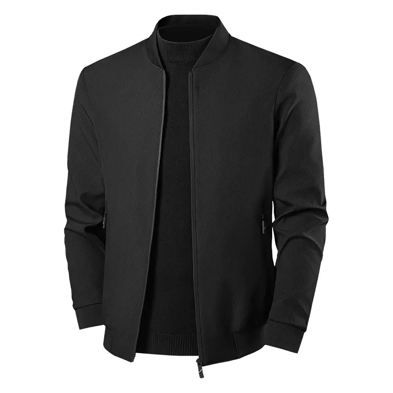 Men's Stand Collar Jacket: Featuring a subtle textured fabric with a premium feel, zipper closure + side pockets for a sleek and functional design, stretch ribbed trims for everyday commute/casual wear, low-key and sophisticated, Tops, Long Sleeve, Zip Up