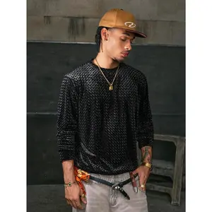 Men's Solid Velvet Textured Sweatshirt Round Neck Long Sleeve Sweatshirts Casual Pullover Outfits