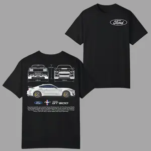 Ford Mustang Shelby GT500 T-shirt, 2 Sides with Technical Blueprint and Side Profile Graphic, American Muscle Car Specs Style for Performance Fans and Collectors for Men & Women, Streetwear, Vacation Outfits, 4th July Outfit
