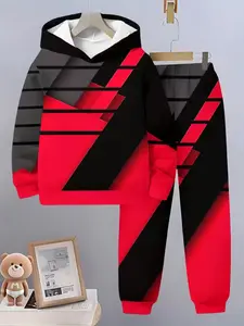 Boys Fashion 3D Print Casual Hoodie, Spring Fall Long Sleeve Sports Sweatshirt, Boys Outdoor Set, Geometric Pattern, Fitted Style
