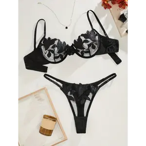 Floral Embroidery midnight white hot Lingerie Set, party lingerie sets for women clearance, Passion women, mature bra and panty set, Push Up Unlined Bra & Mesh Thong, Women's Sexy Lingerie & Underwear