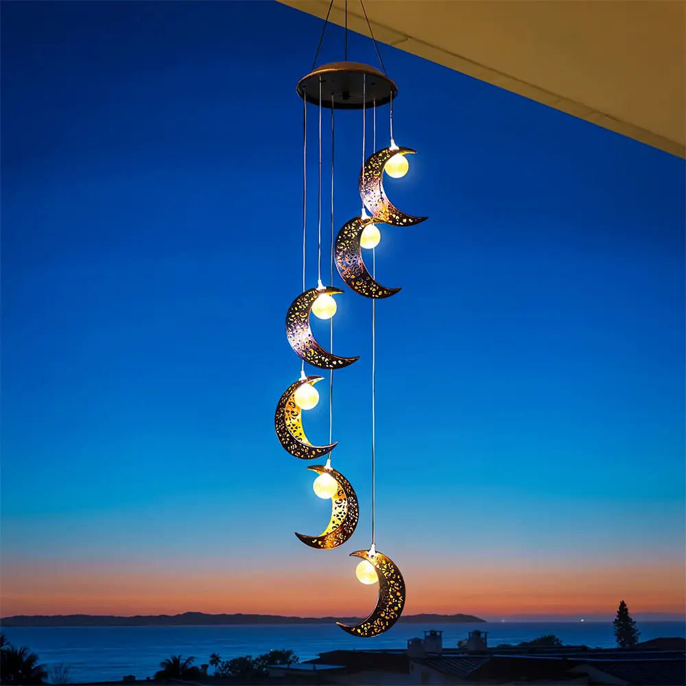 Vintage Copper Hollow Sun Moon Solar Wind Chime Waterproof Auto On Off LED Lighting Outdoor Hanging Lantern Decor for Backyard Porch Balcony Perfect Birthday Thanksgiving Christmas New Year Housewarming Sympathy Gift for Family Friends