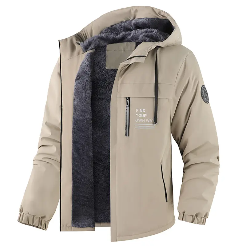 Men's Sherpa Jacket, Casual Color Block Hooded Design with Warm Fleece Lining and "Find Your Own Way" Graphic Print, Outdoor Menswear, Coats, Tops