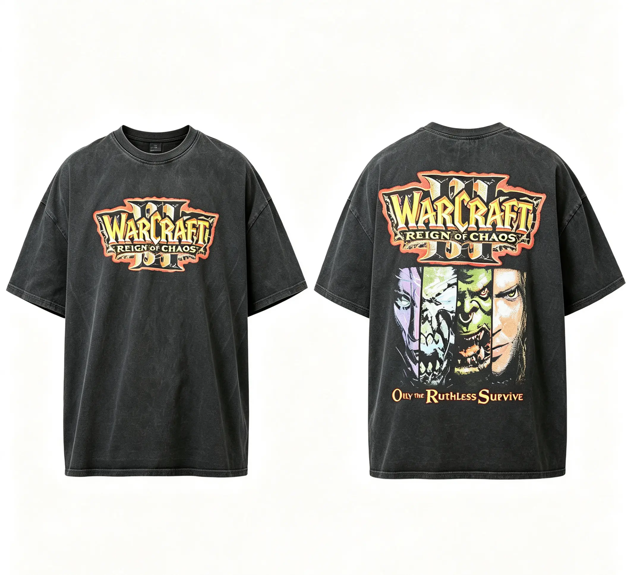 Men's Streetwear Short-Sleeve World of Warcraft T-Shirt - Retro Reign of Chaos Graphic, Vintage Wash 100% Cotton Loose Fit Aesthetic Unisex Menswear Vibe Gamer Gift