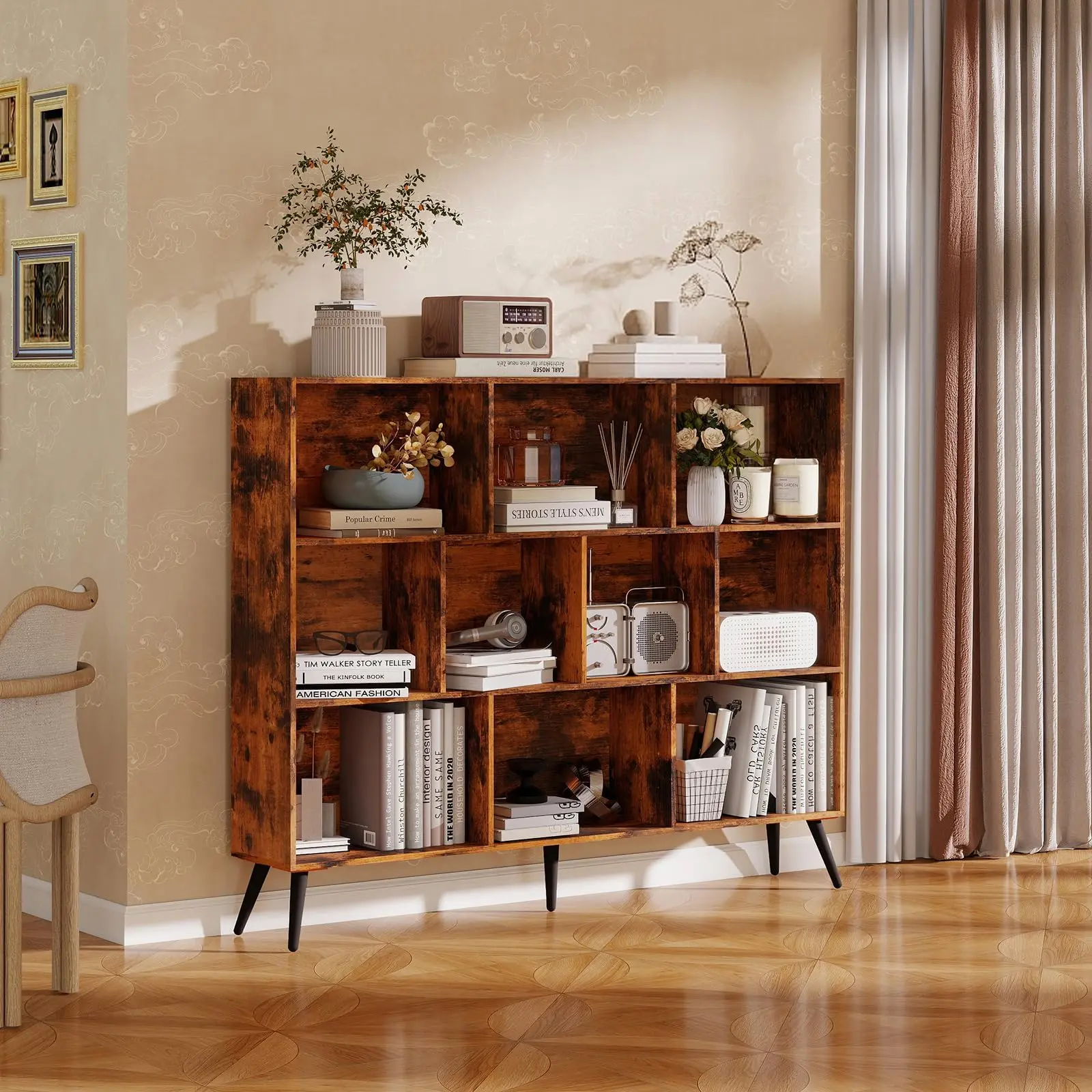 10‑Cube 55'' Bookshelf with Legs – Wide 3‑Tier Wooden Bookcase – Mid‑Century Modern Open Shelf Organizer for Small Spaces, Living Room, Bedroom, Office