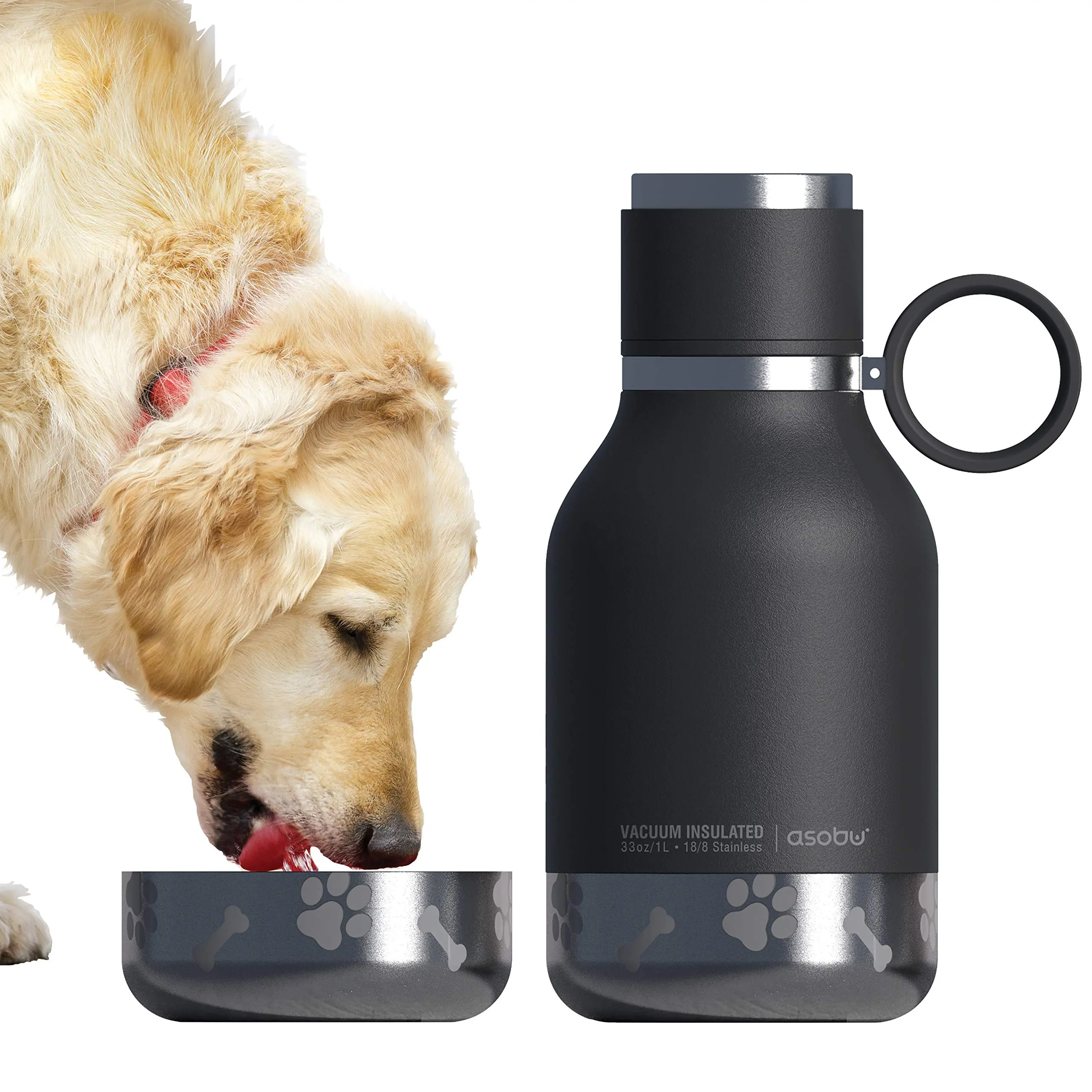 Asobu Buddy Bottle, a Stainless Steel Insulated Water Bottle with Removable Dog Water Bowl and Dog Food and Treat Storage (Midnight Marble, 37 Oz)