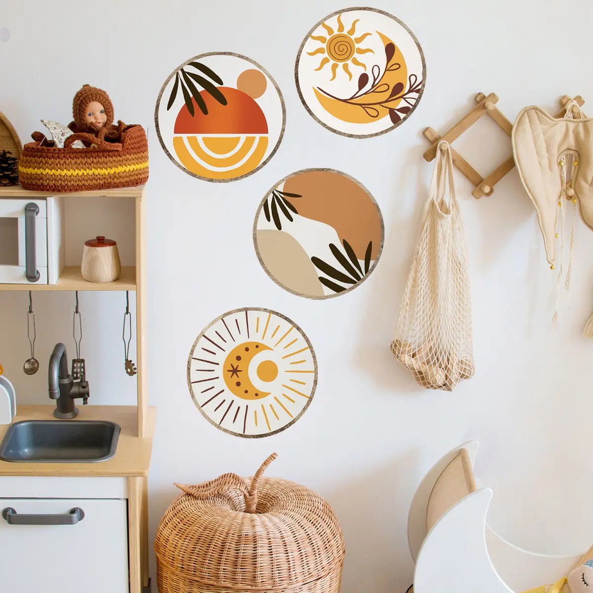 One Set (30*30cm*4pcs) Bohemian Sun, Moon & Plant Self-Adhesive Wall Stickers, Morandi Color Tone, Decorative Wall Decals for Kids' Room, Living Room and Bedroom