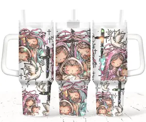 Holy Family Christmas Tumbler 40oz Faith & Peace Design Nativity Scene Reusable Straw Sturdy Handle Portable Water Bottles