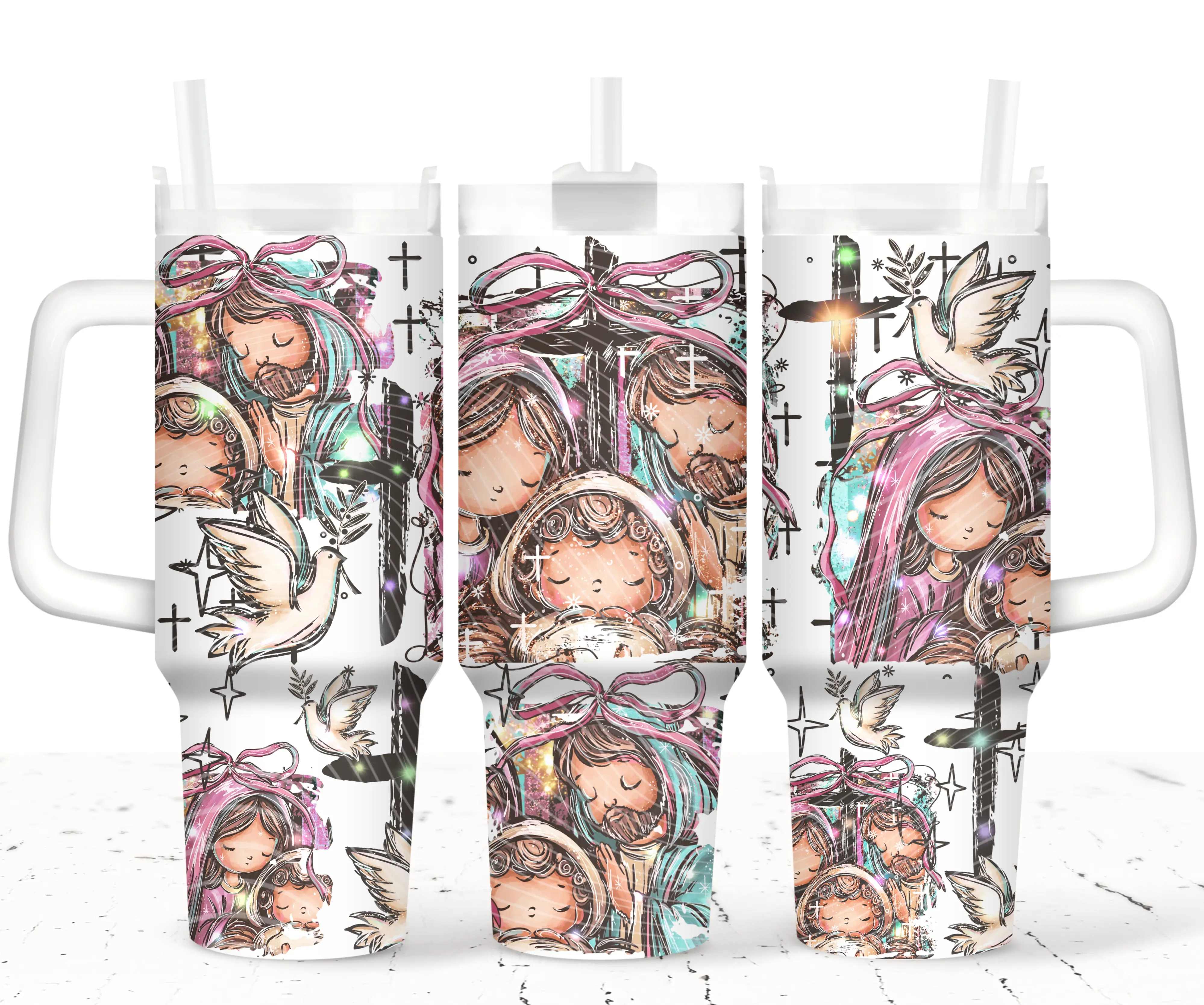 40oz Stainless Steel Insulated Holy Family Christmas Tumbler, Faith & Peace Nativity Scene Design, Reusable Straw, Sturdy Handle, Portable Bottled Water Bottle with Lid
