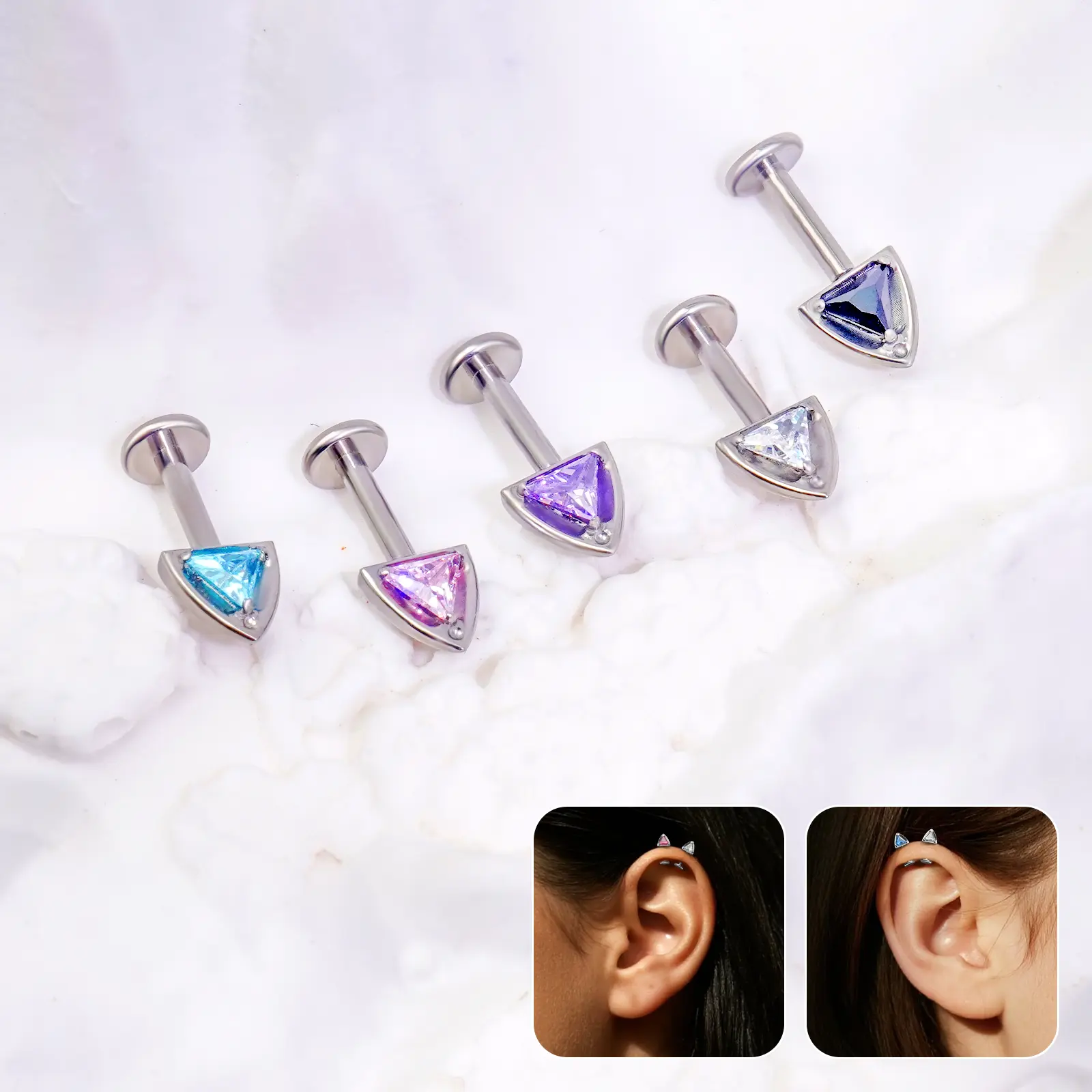 2 Pairs Stackable Cat Stud Earrings for Women, Hypoallergenic G23 Titanium 16G Stainless Steel Helix Cartilage Earrings - Flat Back CZ Jewelry Gift for Sensitive Ears - Christmas gift pierced  jewelry nose stud jewelry piercing Gold Sets Flat Back Studs