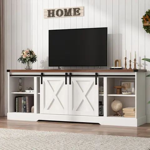 Farmhouse TV Stand for 70/75/80 Inch TV, 58/70 inch Entertainment Center Storage Cabinets with Sliding Barn Doors, Media Console Cabinet for Living Room, White/Grey/black