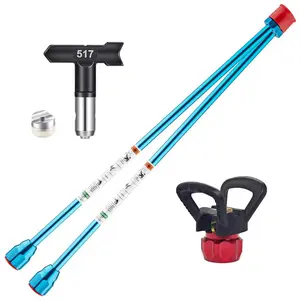 A set of 4 replacement tools for an airless spray paint gun, including 2 19.7-inch extension nozzles for the spray gun tip, 1 rotatable spray nozzle for the paint gun, and a tip protector. Paint Spraying Tool