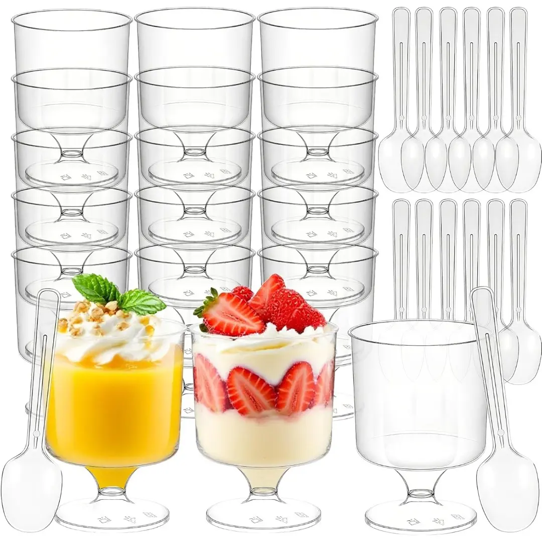 20-Pack 5oz Plastic Dessert Cups Set with 20 Spoons - Formal Look Disposable Round Parfait Cups for Parties, Pudding, Fruit (Kitchenware Bakeware Serving Goblet)