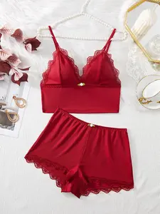 Women's Lace Trim Cami Tank Top Nightwear Loungewear Pajama Set, Soft Breathable Fabric, High Elasticity, Fitted, All-Season Comfort, Unique Bow Design, Perfect Gift