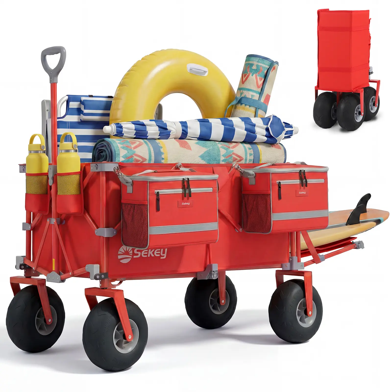 Sekey Beach Wagon with Balloon Wheels, 600LBS Heavy Duty Foldable Wagon Cart, 300L Large Capacity Utility Wagon with Tailgate & 2 Insulated Cooler Bags for Beach, Camping & Outdoor car wide sand ready garden