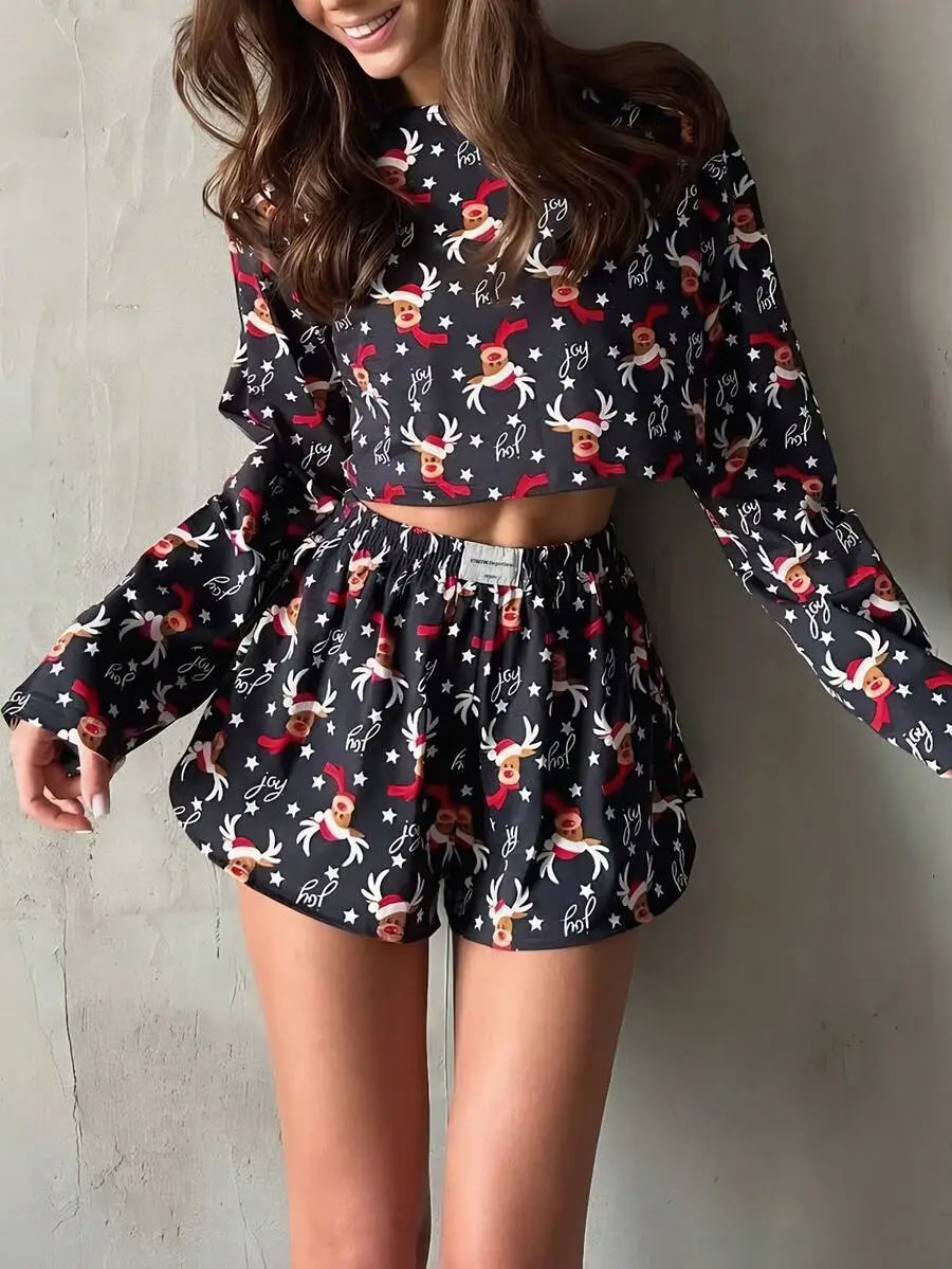 Women 2 Piece Christmas Reindeer Lounge Set | Long Sleeve Crop Top & Shorts | Festive Pajama Set