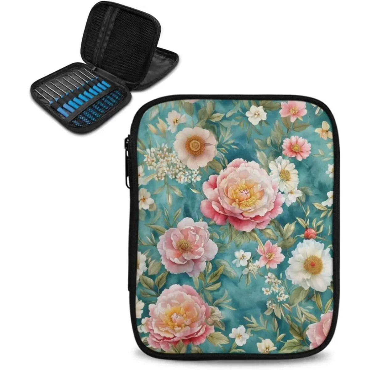 Aesthetic Floral Crochet Hook Case Portable Knitting Needle Case with Web Pockets Swing Crochet Hooks Accessories Women Home Gifts