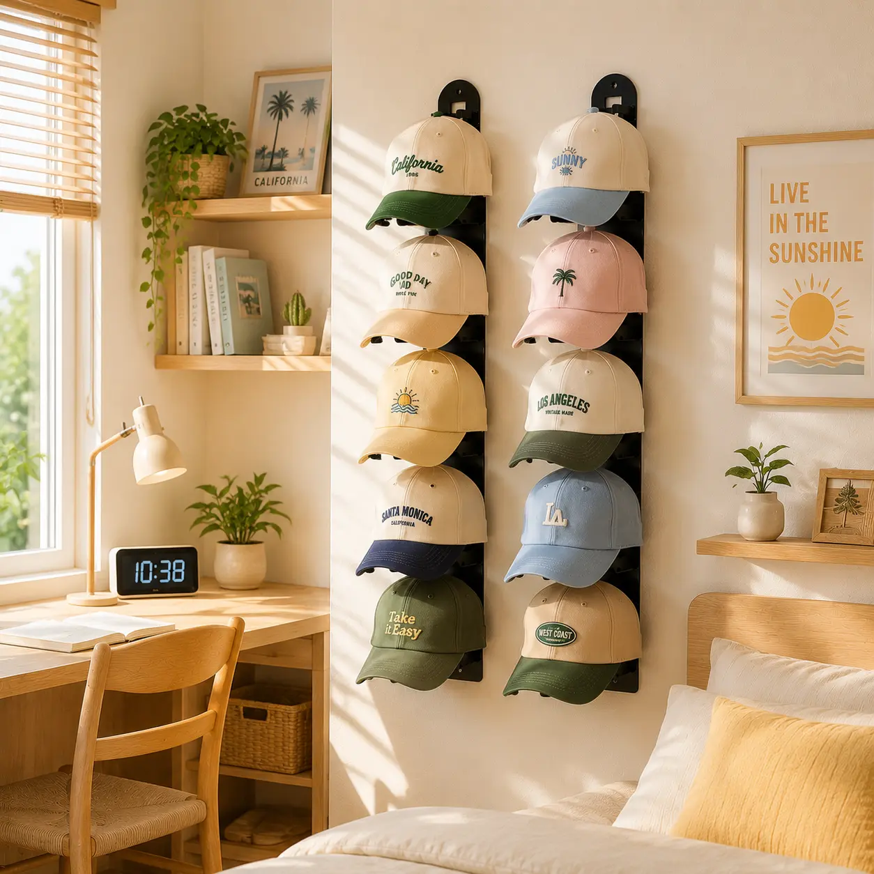 Black 2-Pcs Wall Mount Hat Hook Organizer, Strong Adhesive & 4 Screws Installation, Holds 20 Hats, Closet Bedroom Door Decor & Key Organizer Shelf, Black-2Pcs, Hat Organizer
