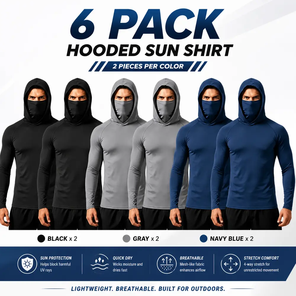 6 Pack Men & Women UPF Sun Protection Compression Hooded Shirts, Quick Dry Breathable Long Sleeve Athletic Tops with Attached Face Mask, Lightweight Cooling UV Protection Sun Hoodies, Workout Running Fishing Hiking Camping Outdoor Work Shirts