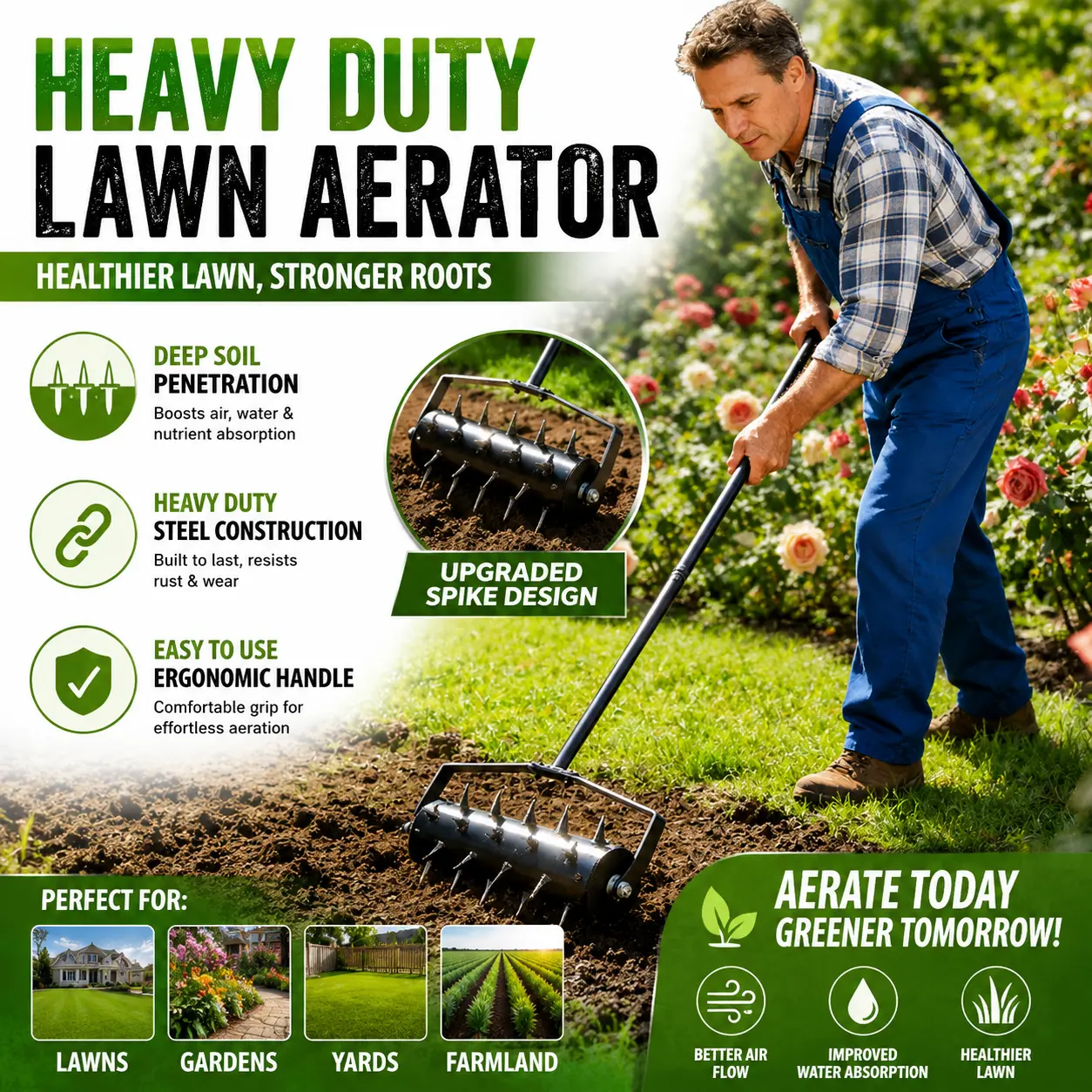 Manual Twist Lawn Aerator Tool - Heavy Duty Ergonomic T-Handle Push Foot Tine Coring Plugger, Core Soil Penetrator Spikes for Lawn Care, Compacted Clay Yard & Garden, Dethatcher Hand Cultivator for Loose Dirt, Aeration Tool