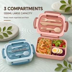 2-Pack 1200ML Bento Lunch Box Set with 3 Compartments, Built-in Utensils, Leak-Resistant Lunch lunchable Containers, Microwave & Dishwasher Safe Food Storage Boxes for Work, School, Travel