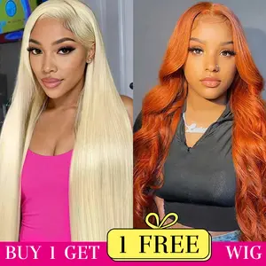 [Combo sale 34"&22"]buy 1 get 2 wig"34 Inch 13x4 Body Wave Blonde Hair Lace Front Wigs +13x4 22 Inch Straight ginger Human Hair Hair HD Transparent Lace Frontal Human Hair Wigs 180% Density